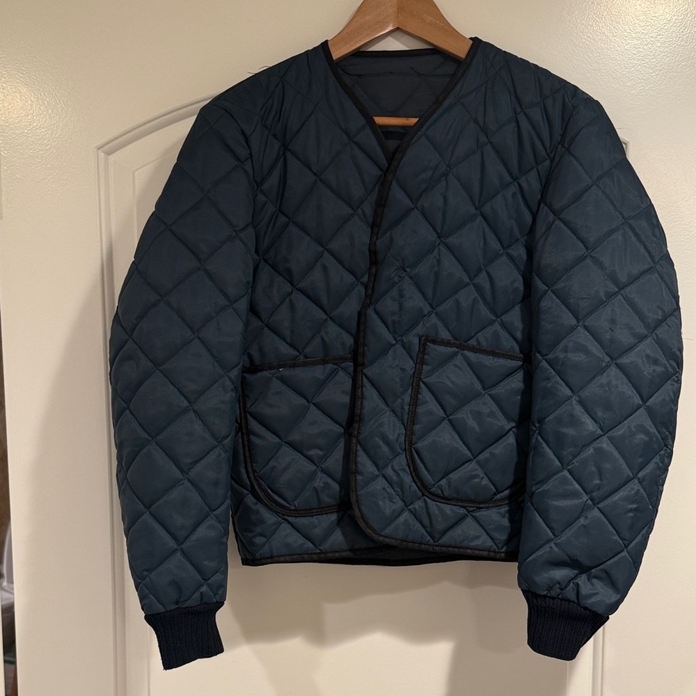 Vintage Cropped Collarless Quilted Jacket - Dark Blue/Unisex